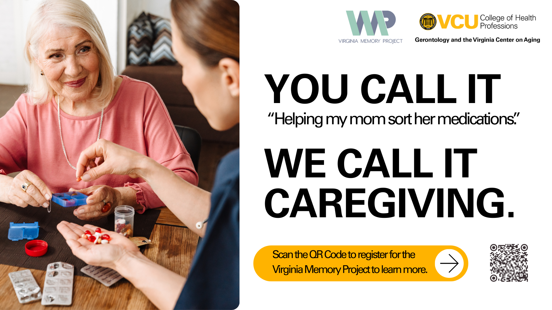 A woman helps her mother sort pills. Graphic says