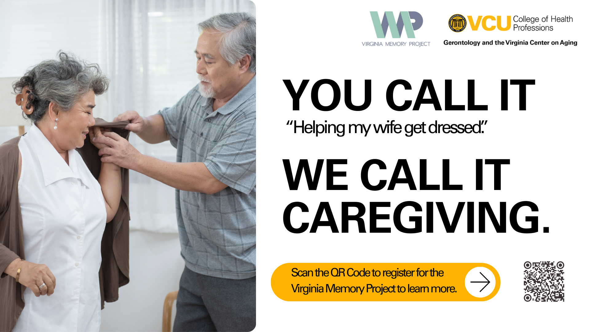 A man helps a woman put on a sweater. Graphic reads