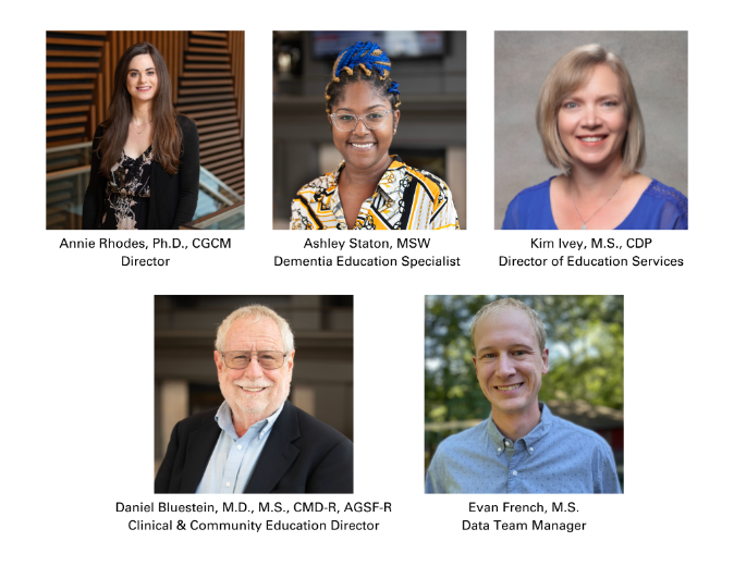 Top row headshots from left to right: Annie Rhodes, Ph.D., CGCM Director, Ashley Staton, MSW Dementia Education Specialist, Kim Ivey, M.S., CDP Director of Education Services. Bottom row headshots from left to right: Daniel Bluestein, M.D., M.S., CMD-R, AGSF-R Clinical & Community Education Director and Evan French, M.S. Data Team Manager