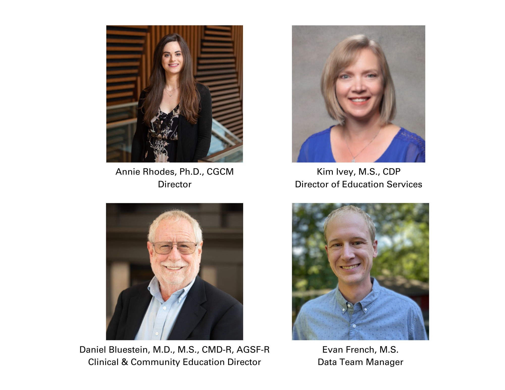 A graphic with headshots of VMP team members Dr. Annie Rhodes, Kim Ivey, Dr. Daniel Bluestein, and Evan French.
