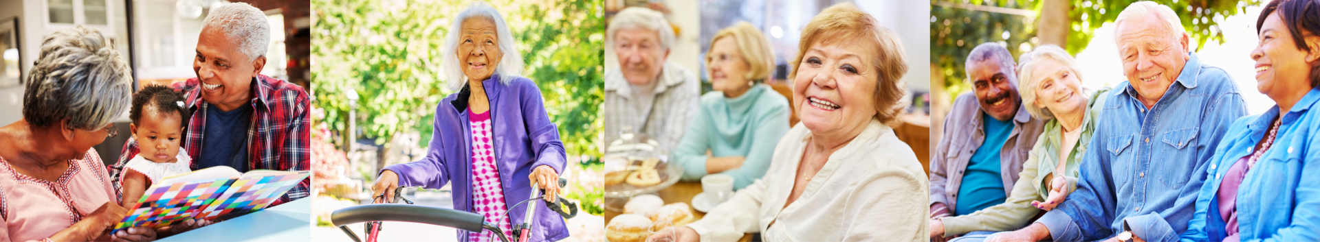 Four positive images of socially diverse older adults in the community, with friends and family